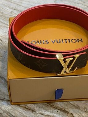Louis Vuitton Monogram Belt with Pink-Trim Red Interior and Gold LV Buckle